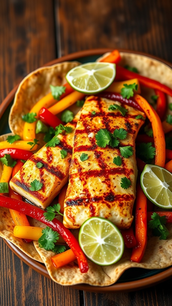 A plate of mahi mahi fajitas with grilled fish, bell peppers, warm tortillas, garnished with cilantro and lime on a wooden table.